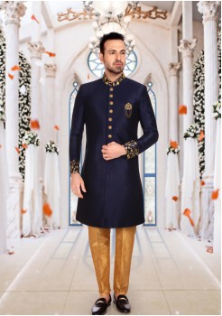 Navy Blue With Gold Color Art Silk Indo Western